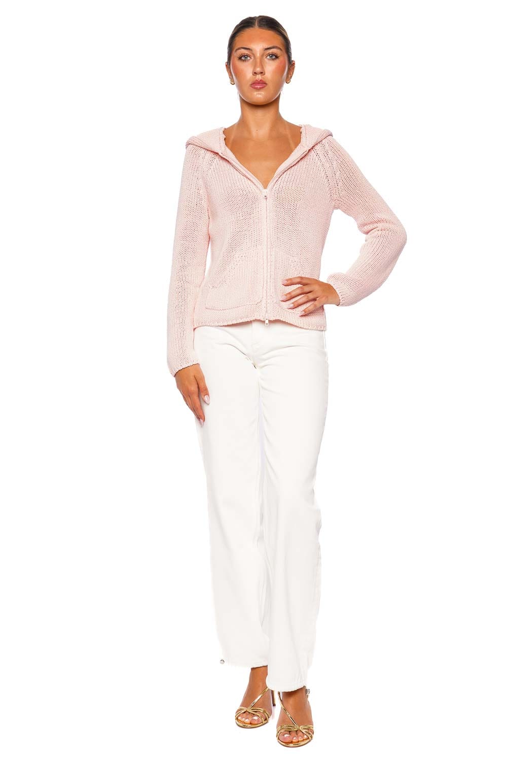 Still Here Bear Pink Knit Zip Up Hoodie