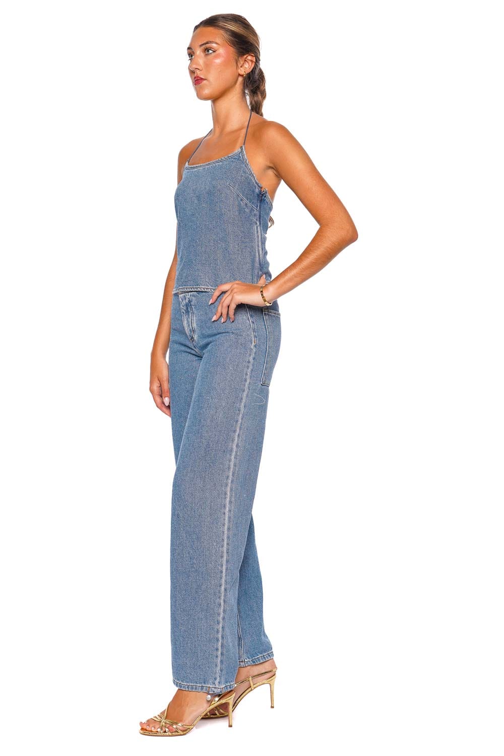 Still Here Toggle Classic Blue Denim Halter Tank