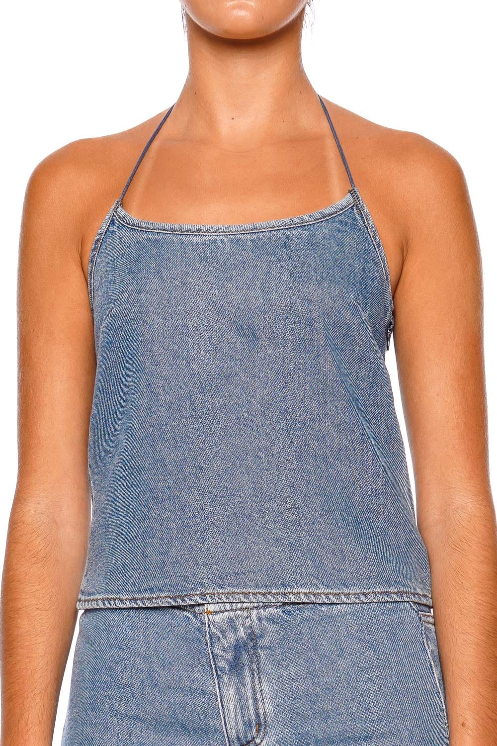 Still Here Toggle Classic Blue Denim Halter Tank