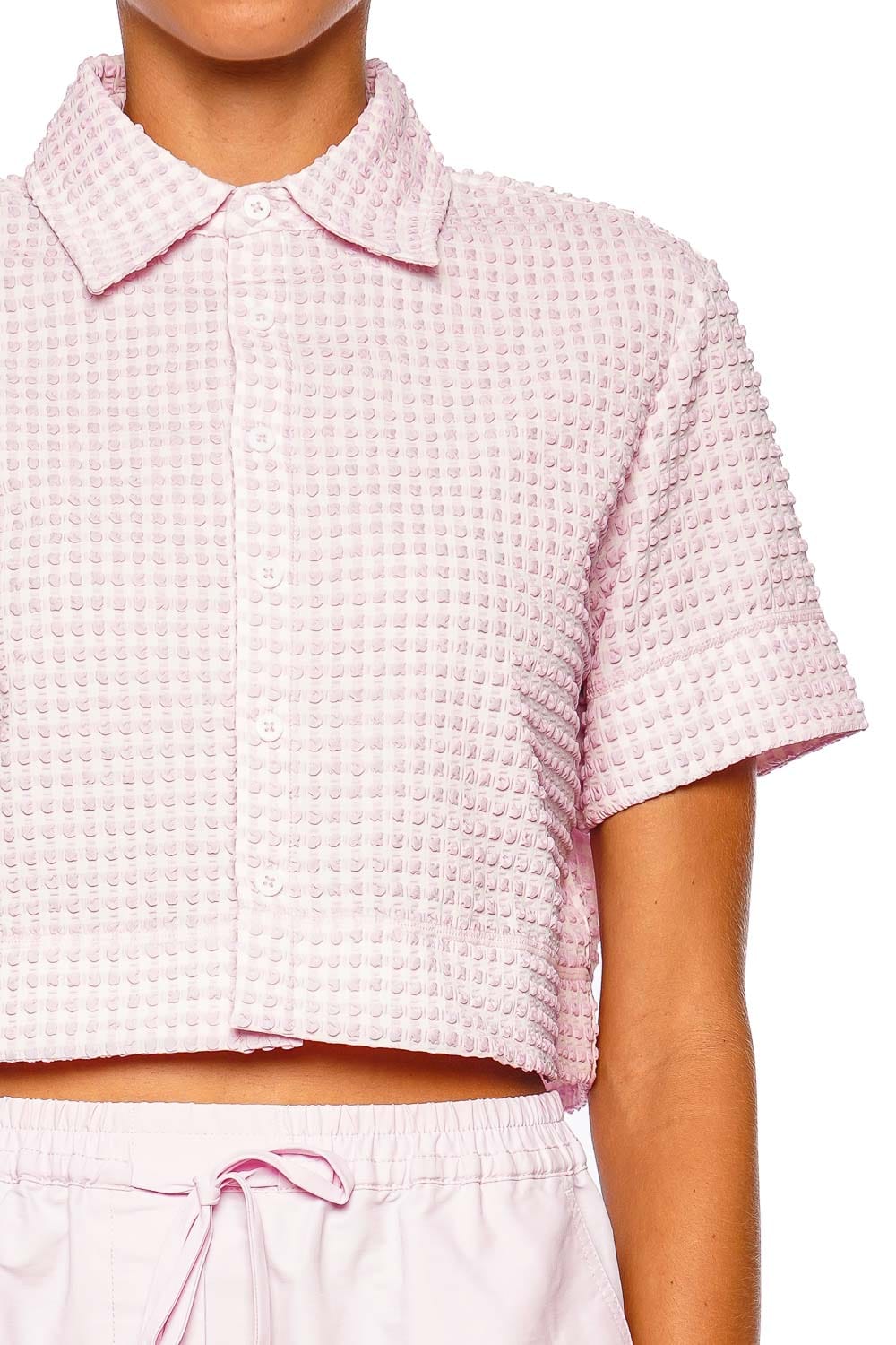 SIMKHAI Reeves Camp Shirt Pink Short Sleeve Cropped Top
