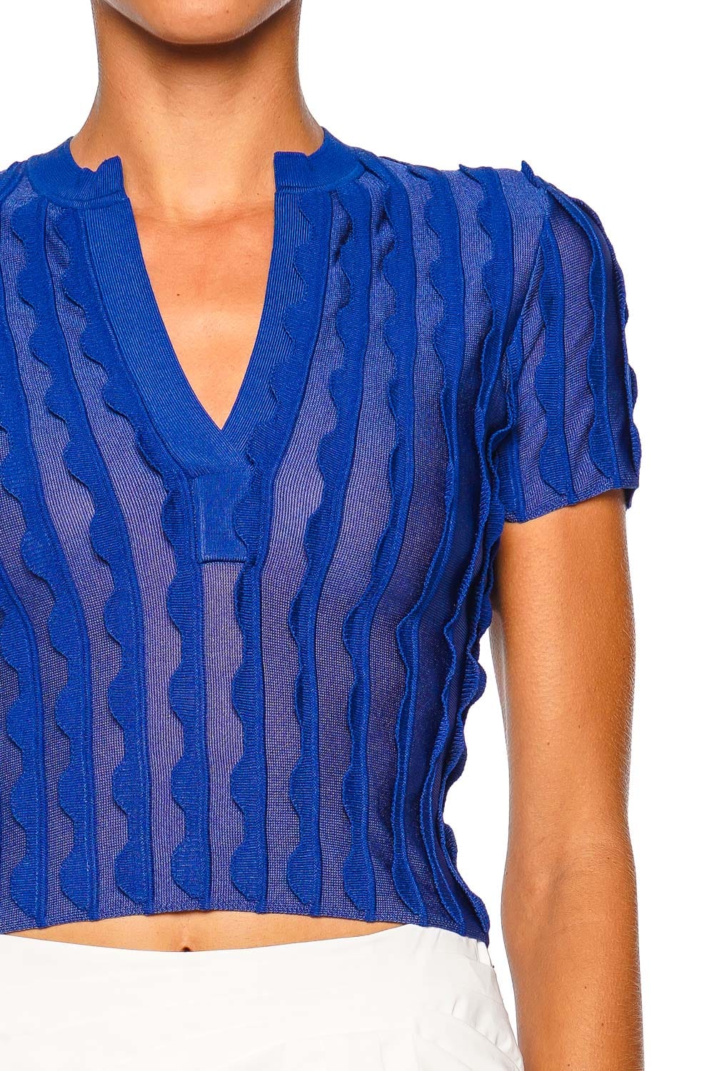 SIMKHAI Mallorie Blueberry Short Sleeve Scalloped Knit Polo Top