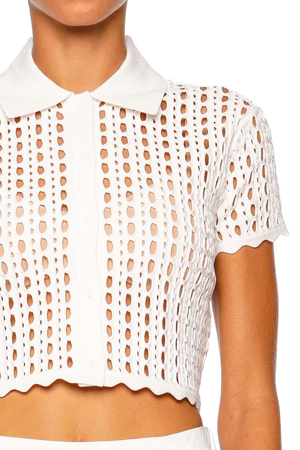SIMKHAI Arlan Ivory Short Sleeve Cropped Knit Camp Shirt