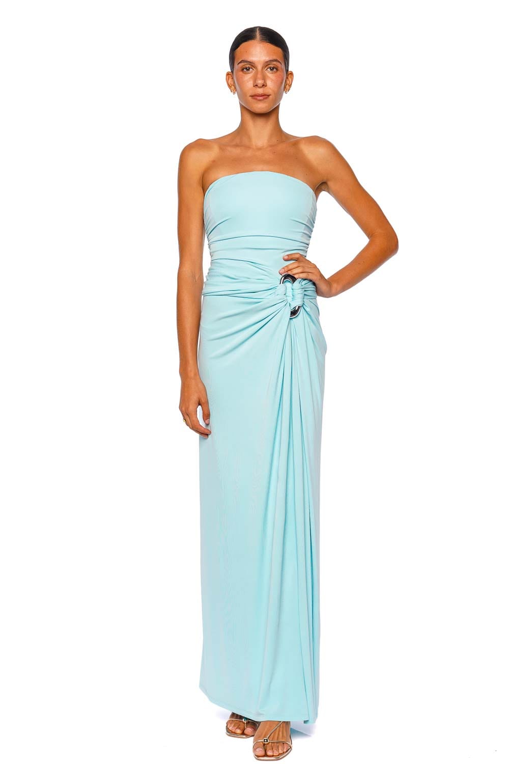 SIMKHAI Emma Pool Strapless Ruched Maxi Gown