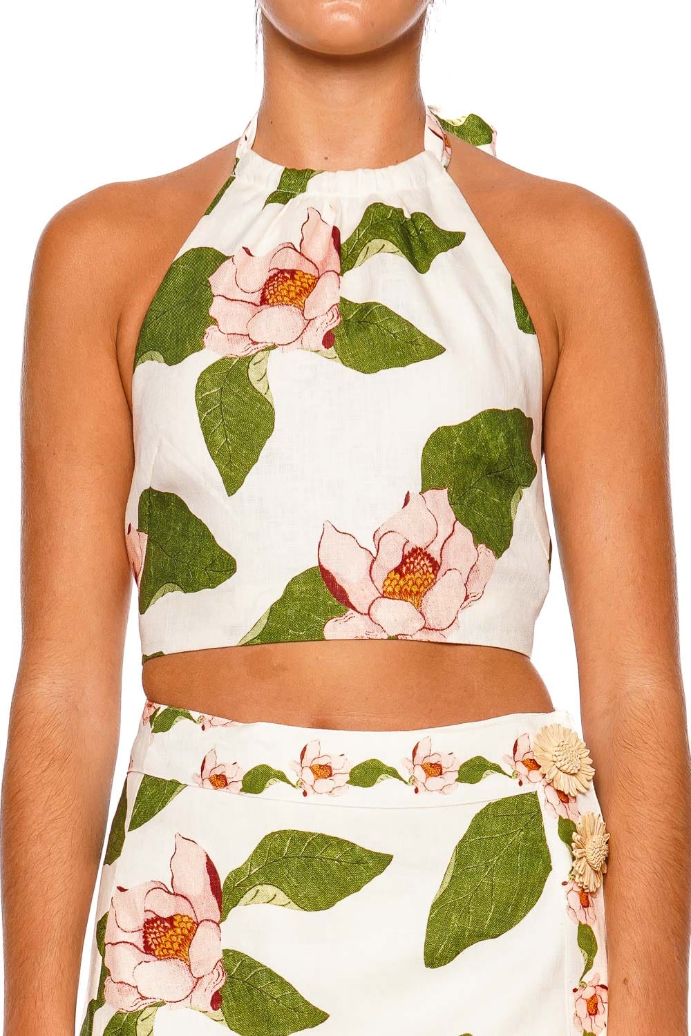 Cara Cara Dahlia Lotus Ivory Halter Crop Top
