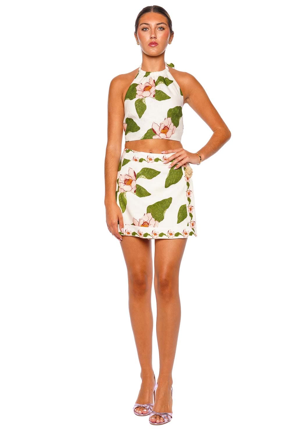 Cara Cara Dahlia Lotus Ivory Halter Crop Top