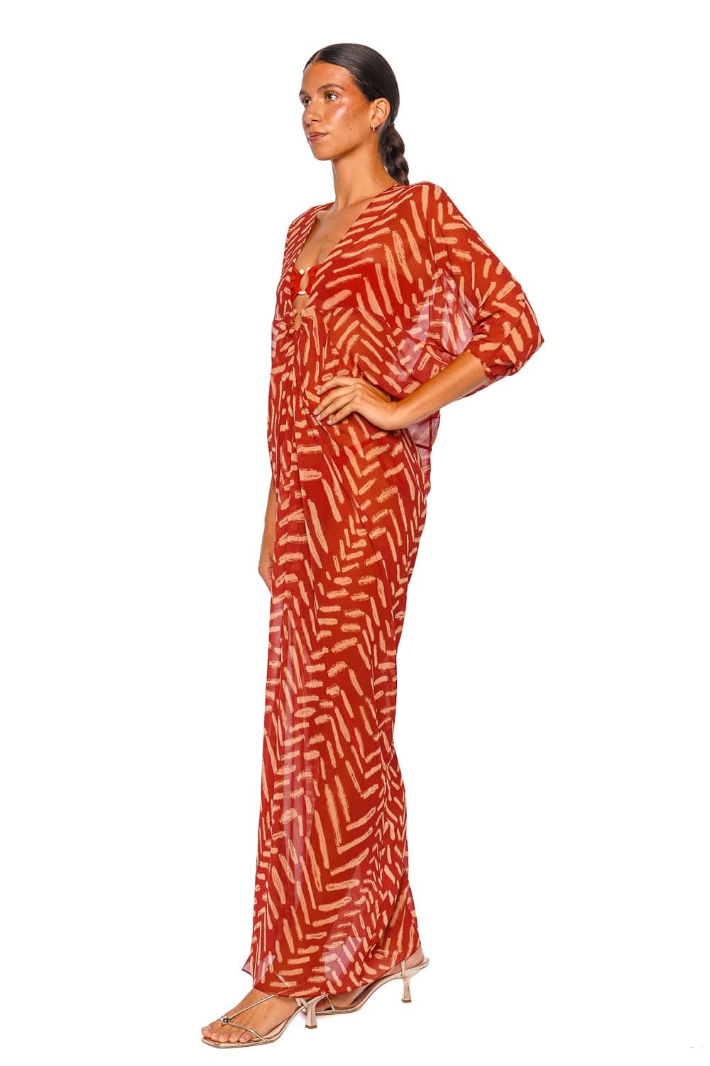 Johanna Ortiz Sensory Tapestry Red Nude Three Quarter Sleeve Maxi Tunic Dress
