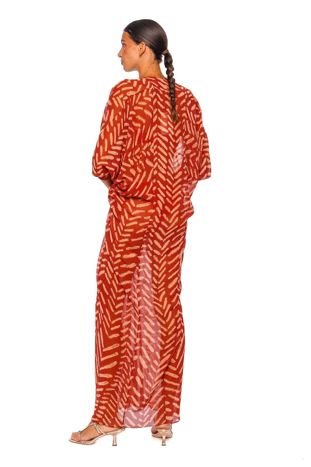 Johanna Ortiz Sensory Tapestry Red Nude Three Quarter Sleeve Maxi Tunic Dress