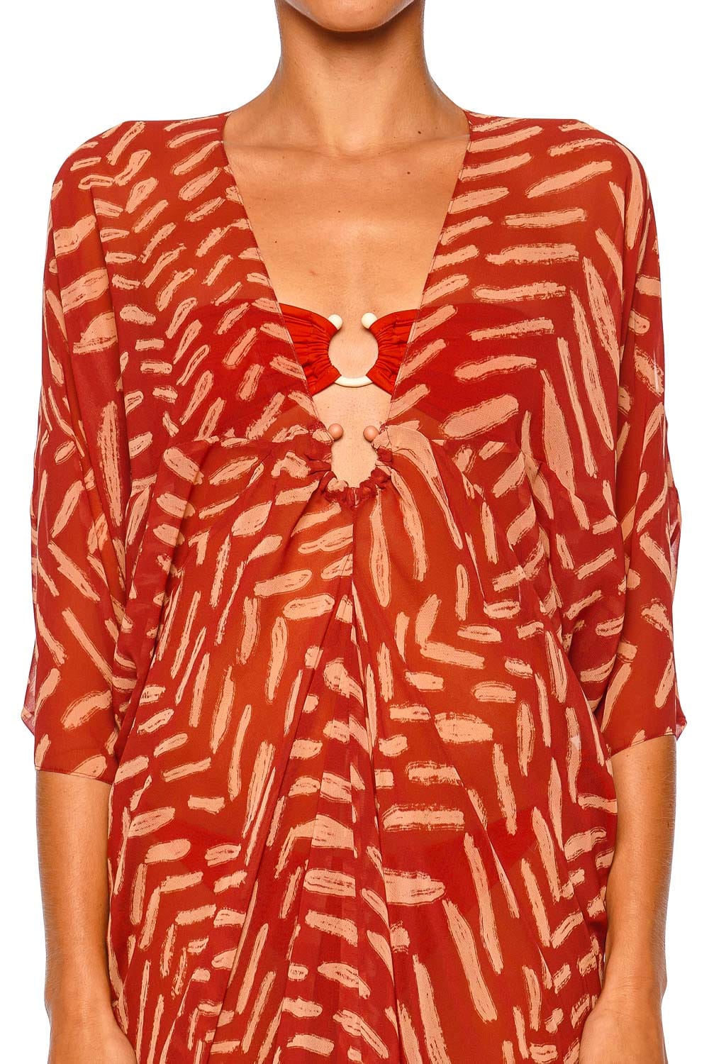 Johanna Ortiz Sensory Tapestry Red Nude Three Quarter Sleeve Maxi Tunic Dress