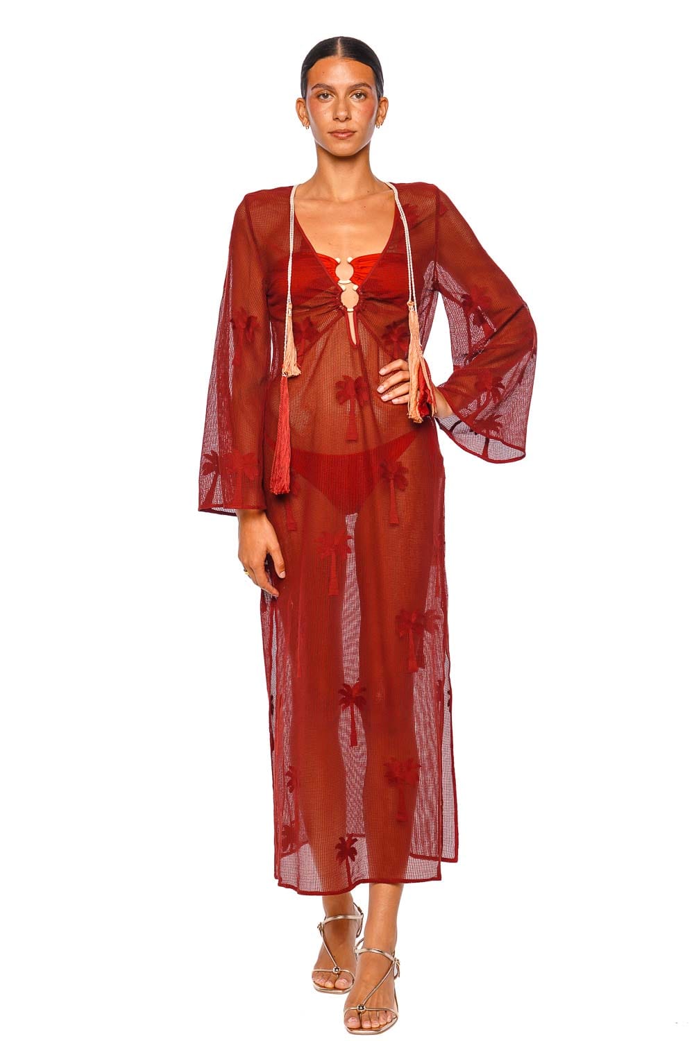 Johanna Ortiz Marsala Palm Veil Long Sleeve Maxi Tunic Dress