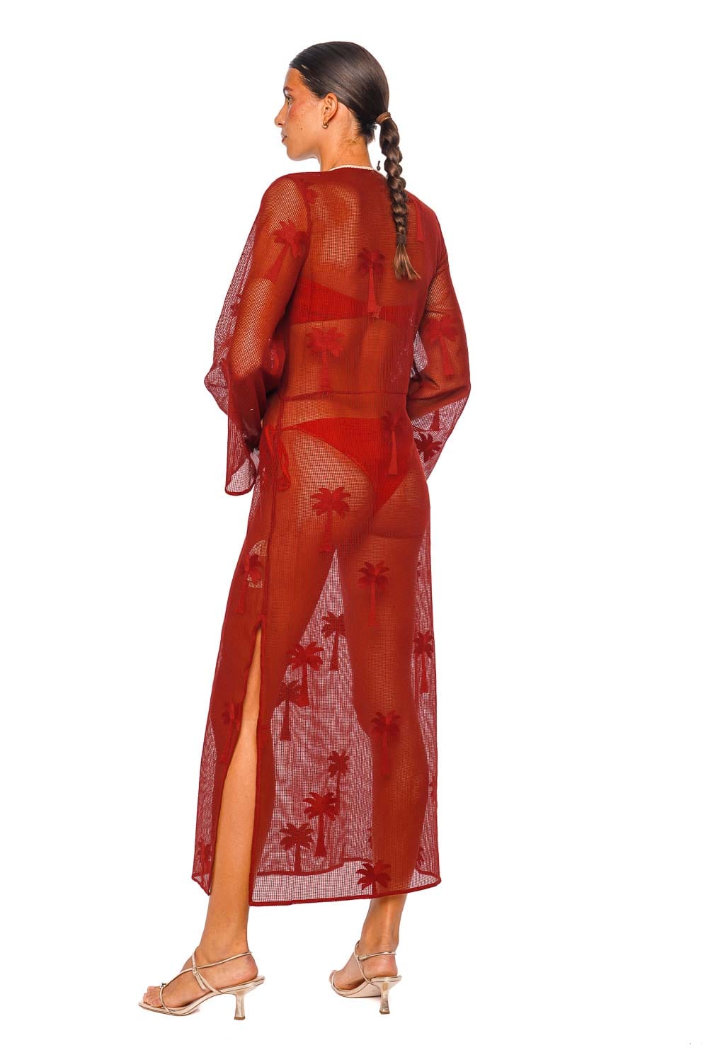 Johanna Ortiz Marsala Palm Veil Long Sleeve Maxi Tunic Dress