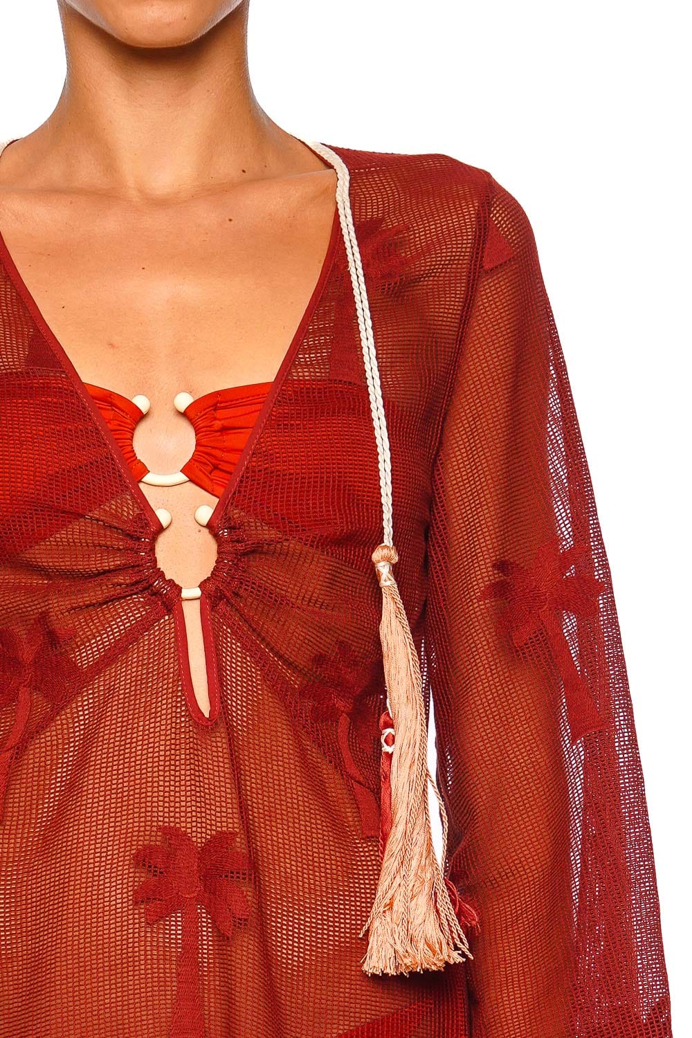 Johanna Ortiz Marsala Palm Veil Long Sleeve Maxi Tunic Dress