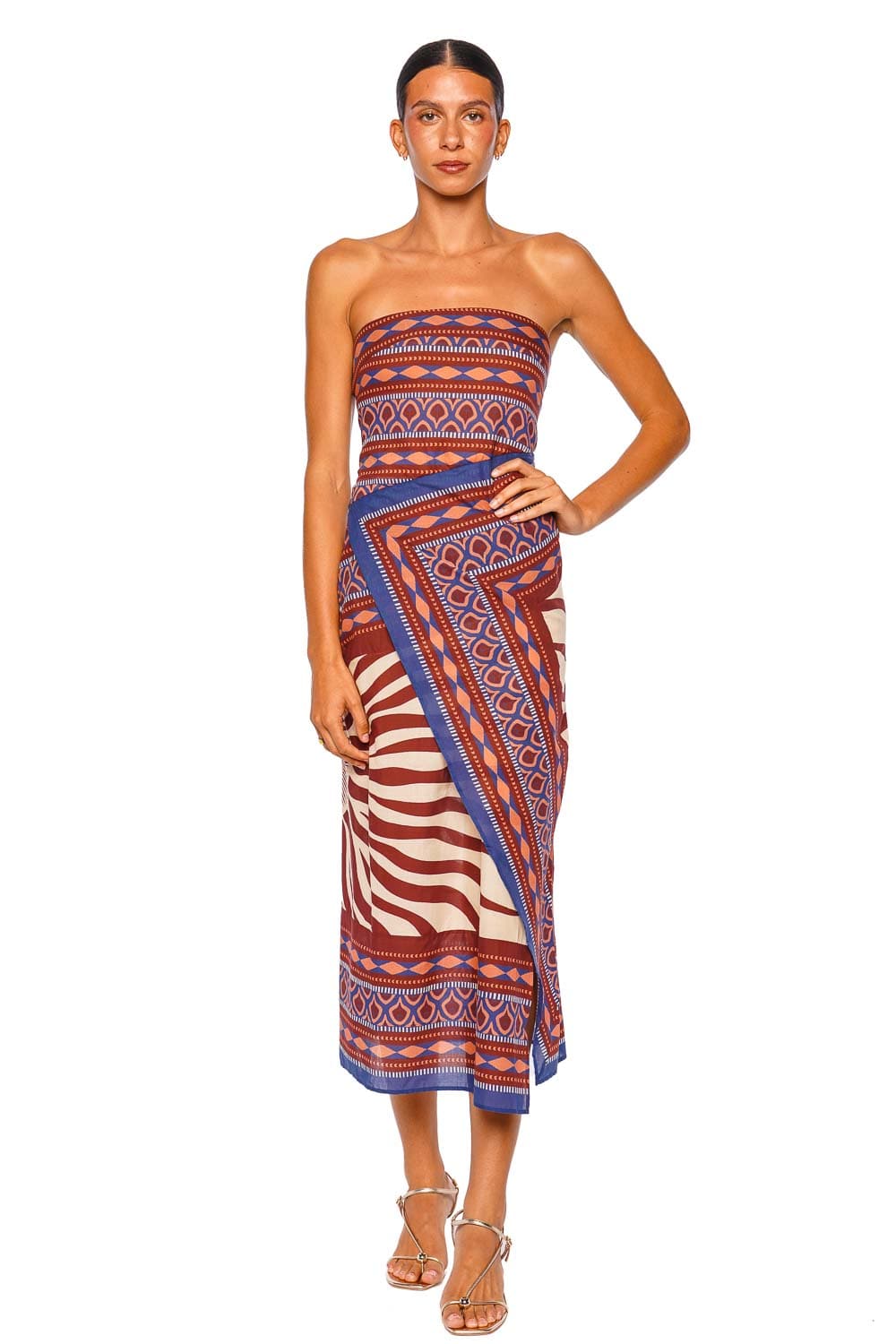 Johanna Ortiz Paraiso Agreste Ecru Blue Strapless Ankle Dress