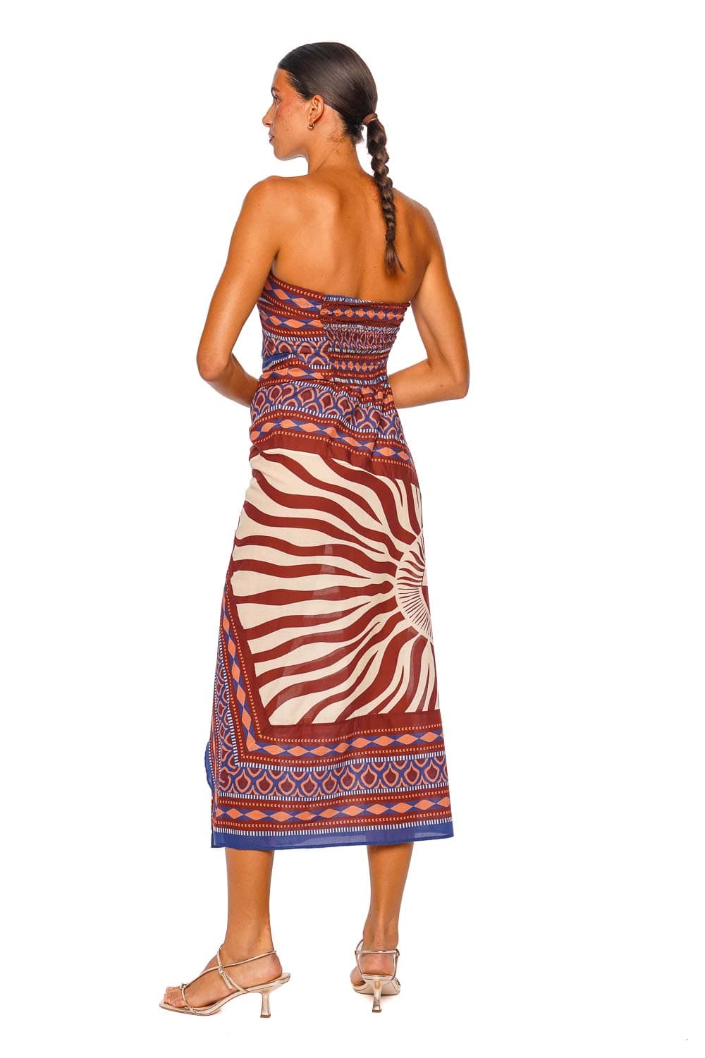 Johanna Ortiz Paraiso Agreste Ecru Blue Strapless Ankle Dress
