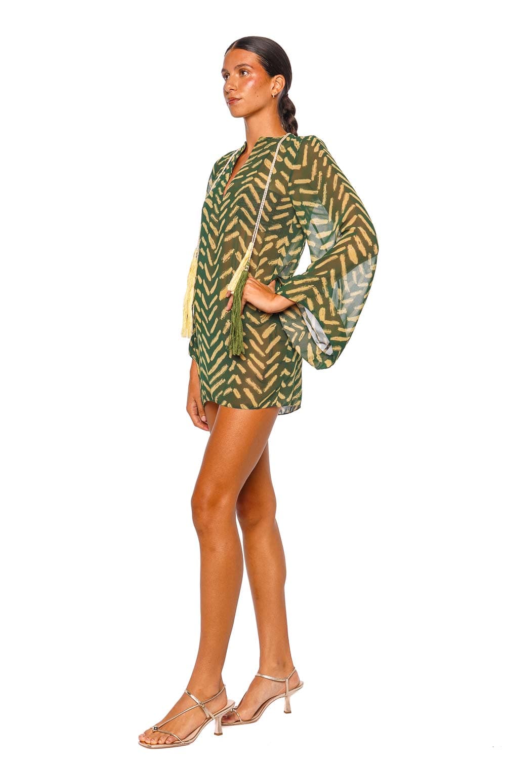 Johanna Ortiz Refugio De Sol Military Green Long Sleeve Tunic Mini Dress