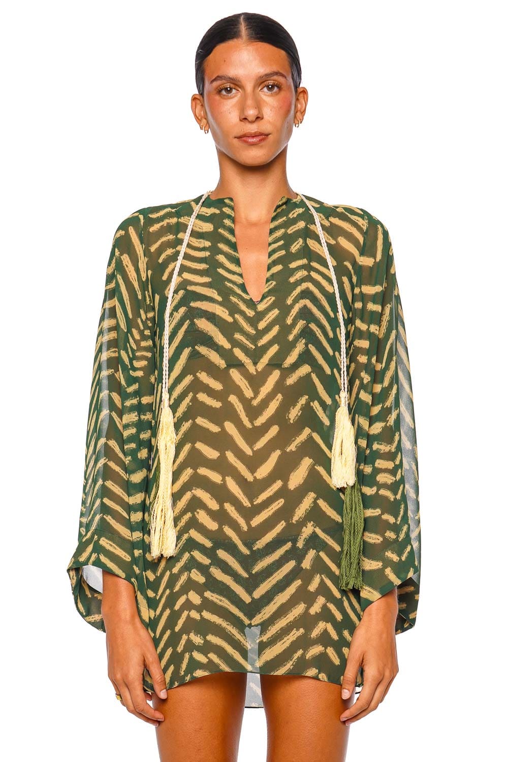 Johanna Ortiz Refugio De Sol Military Green Long Sleeve Tunic Mini Dress
