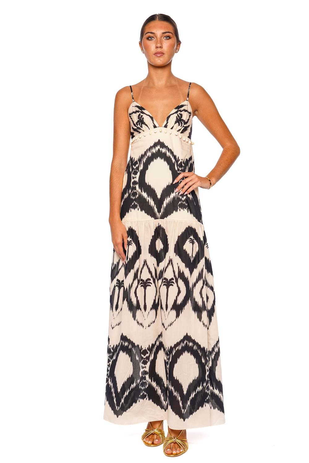 Johanna Ortiz Zea Palm Ecru Black Strappy Maxi Dress