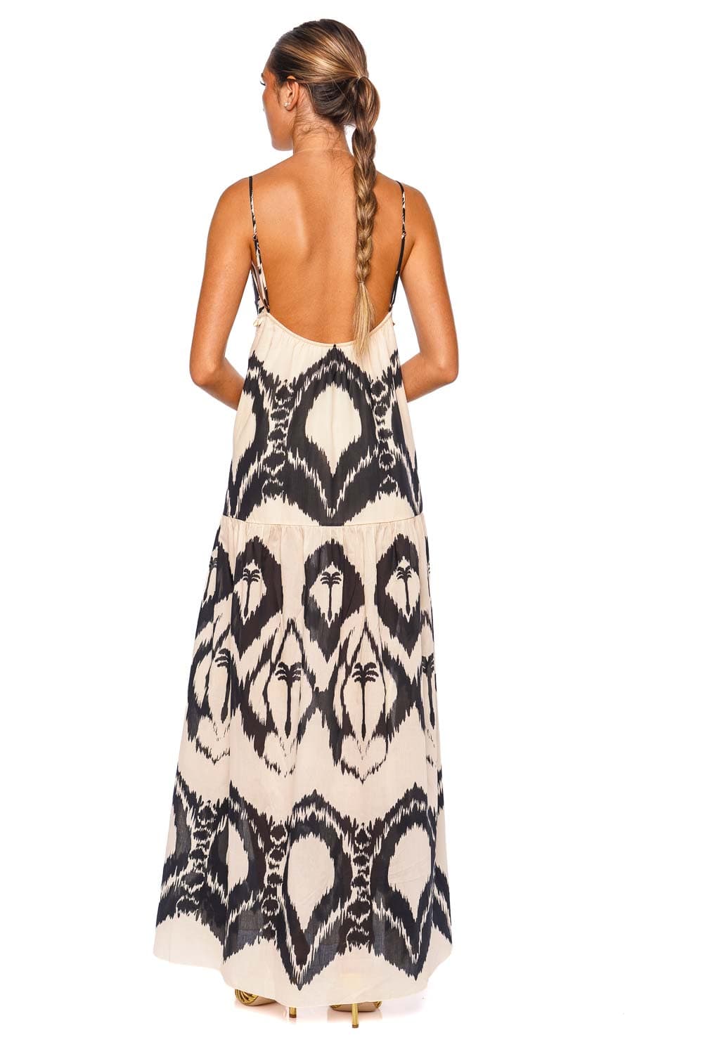 Johanna Ortiz Zea Palm Ecru Black Strappy Maxi Dress