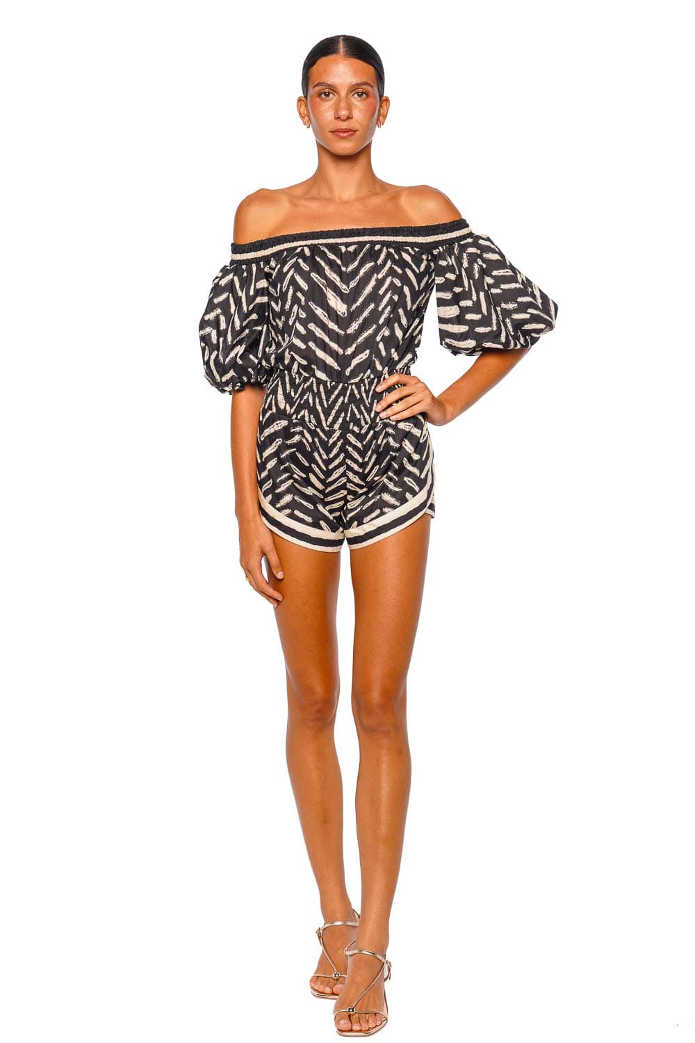 Johanna Ortiz Water Hymn Black Ecru Off Shoulder Puff Sleeve Romper