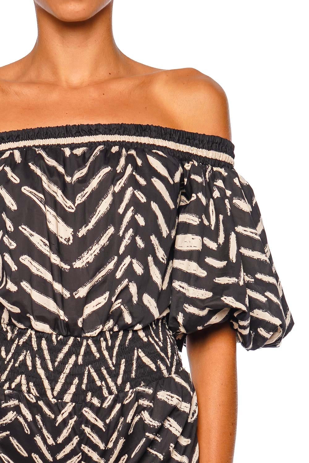 Johanna Ortiz Water Hymn Black Ecru Off Shoulder Puff Sleeve Romper