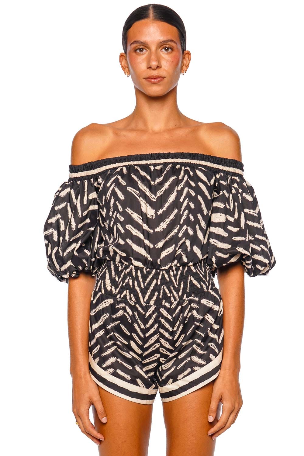 Johanna Ortiz Water Hymn Black Ecru Off Shoulder Puff Sleeve Romper