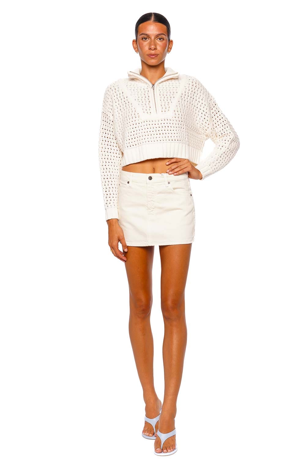 Staud Cropped Hampton Sweater Ivory Long Sleeve Cropped Sweater