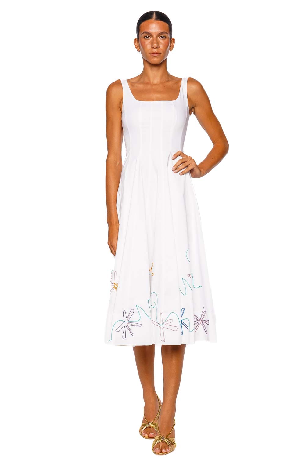Staud Wells White Multi Embroidered Sleeveless Midi Dress