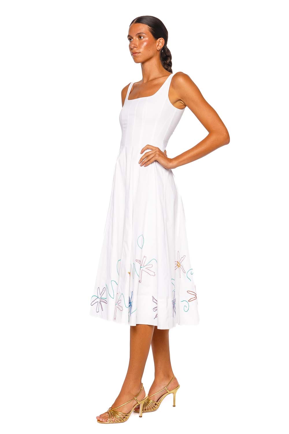 Staud Wells White Multi Embroidered Sleeveless Midi Dress