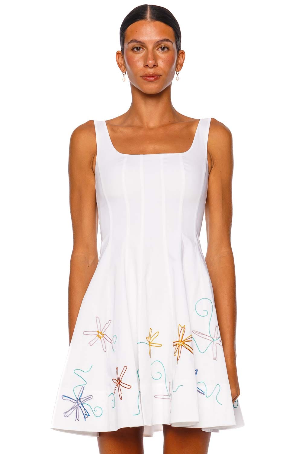 Staud Wells White Multi Embroidered Sleeveless Mini Dress