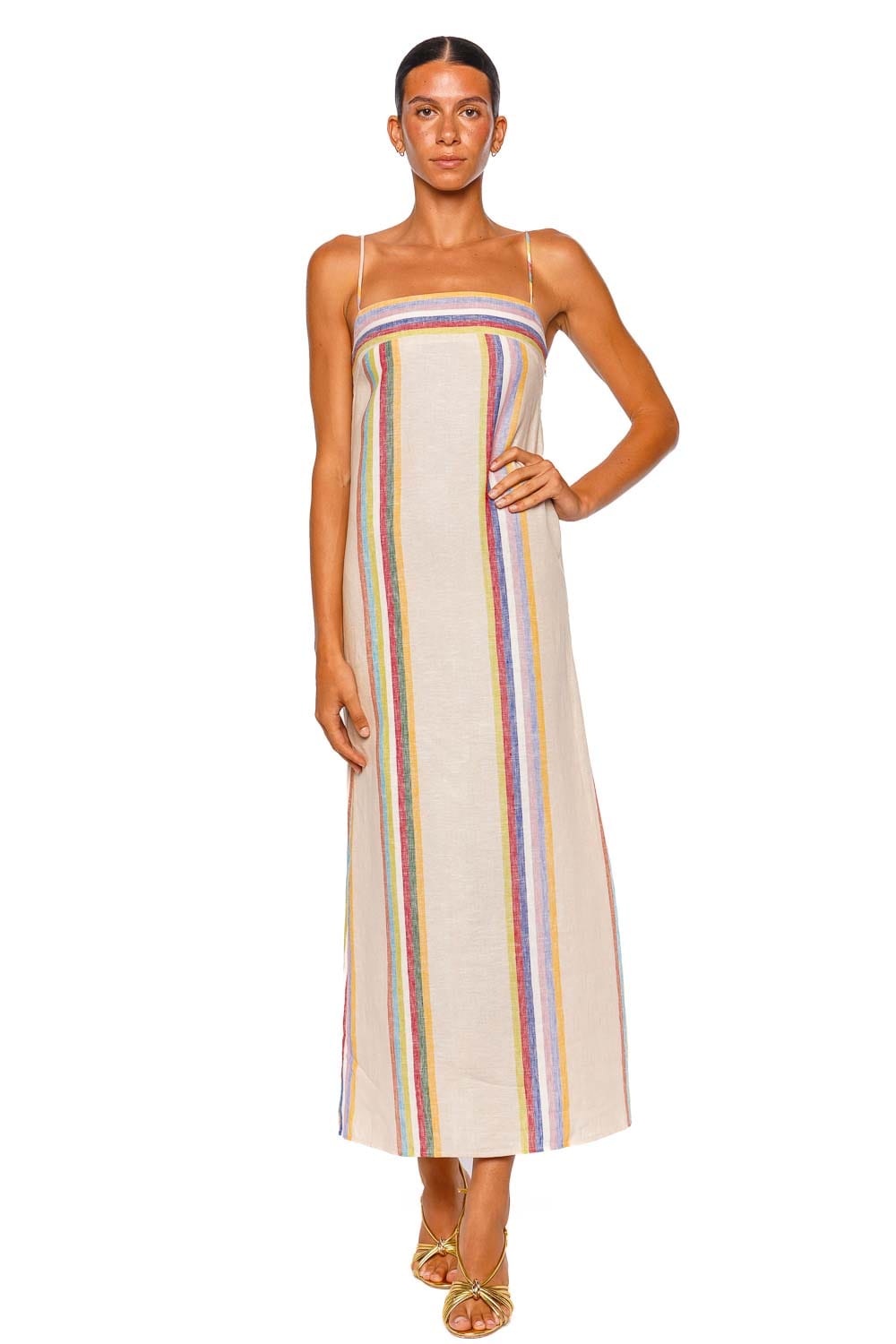 Staud Laura Linen Day Trip Stripe Strappy Maxi Dress