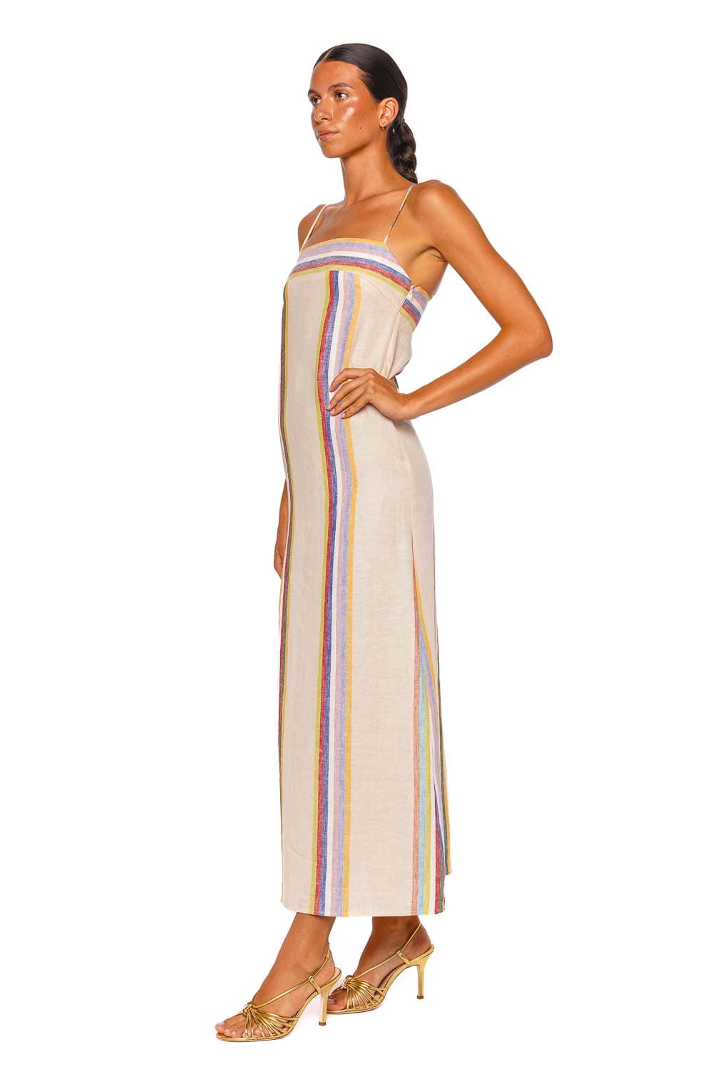 Staud Laura Linen Day Trip Stripe Strappy Maxi Dress