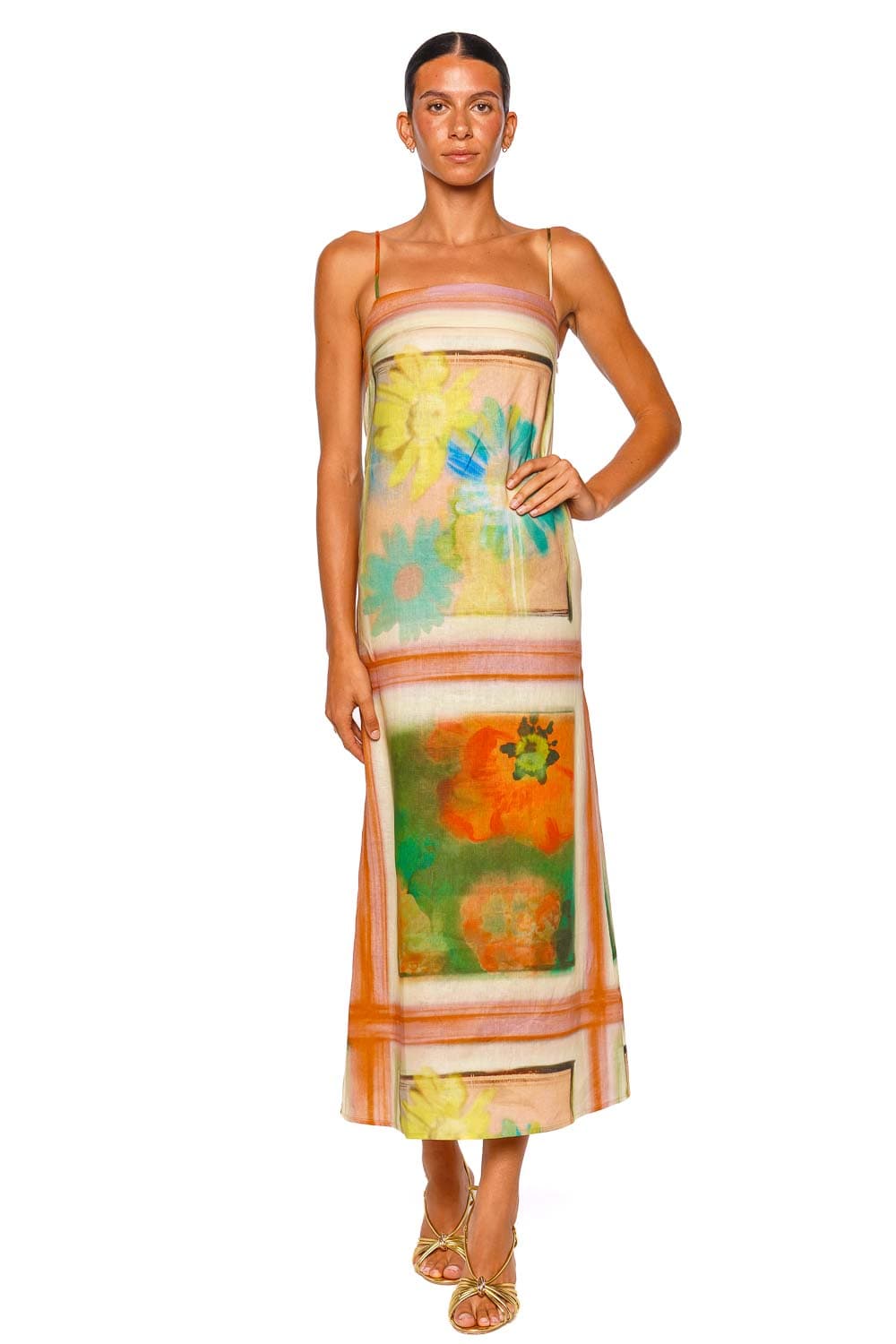 Staud Laura Superbloom Scarf Strappy Linen Midi Dress