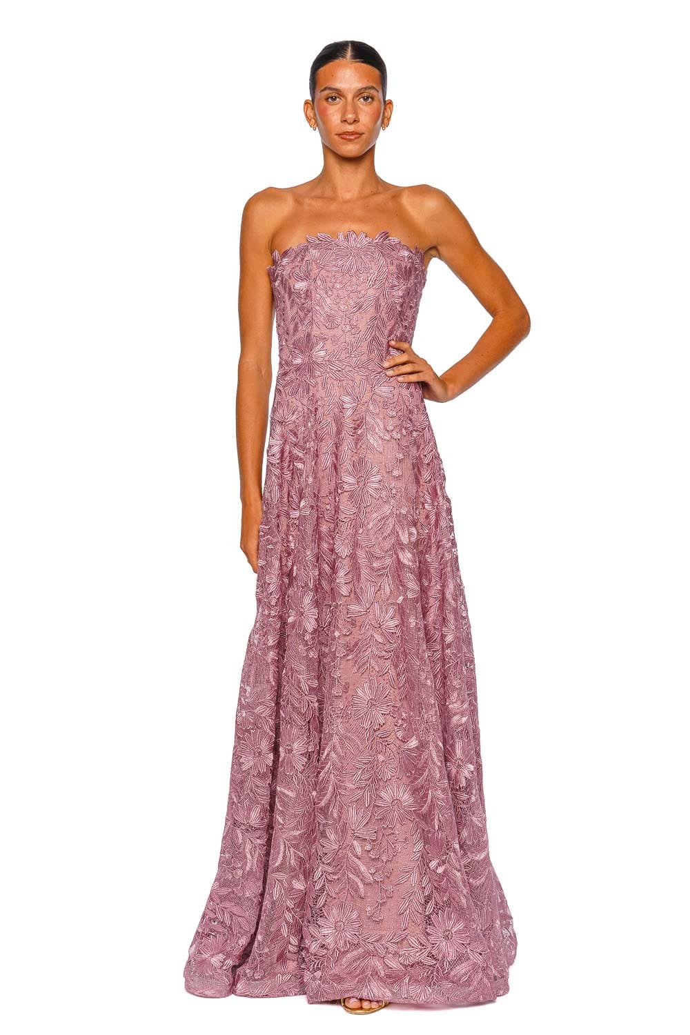 Naeem Khan Metallic Lace Mauve Strapless Gown