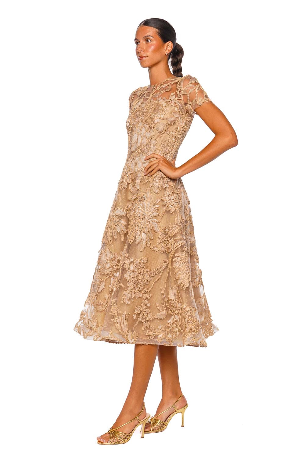 Naeem Khan Floral Raffia Beige Gold Cap Sleeve Tea Length Dress