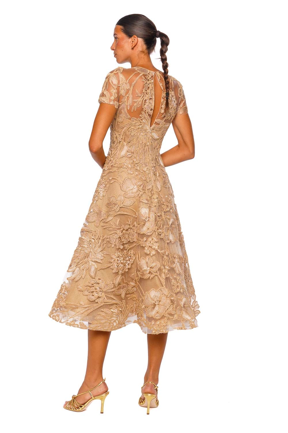 Naeem Khan Floral Raffia Beige Gold Cap Sleeve Tea Length Dress