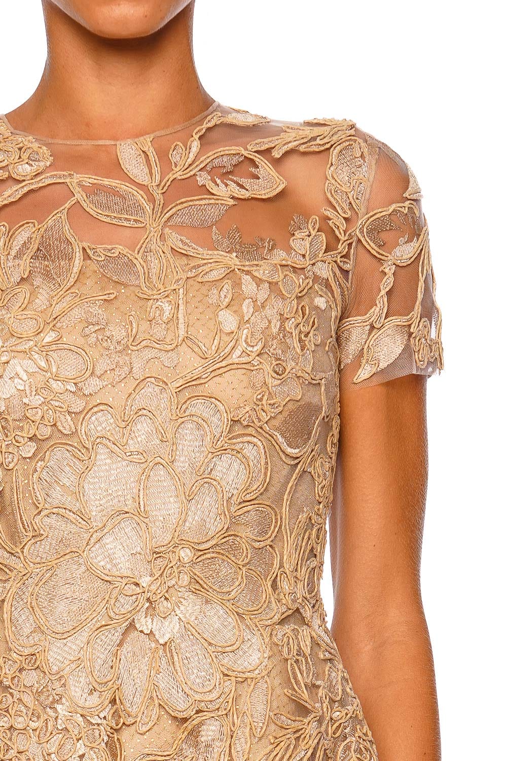 Naeem Khan Floral Raffia Beige Gold Cap Sleeve Tea Length Dress