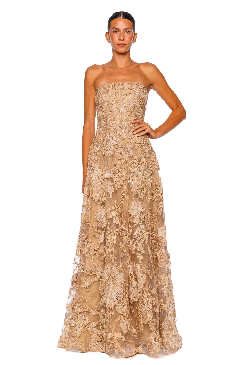 Naeem Khan Floral Raffia Beige Gold Strapless Gown