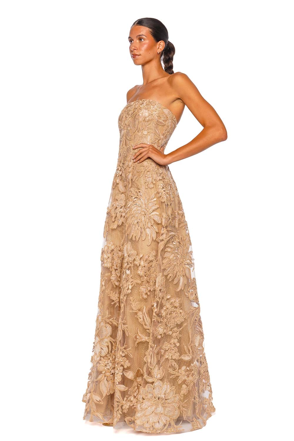 Naeem Khan Floral Raffia Beige Gold Strapless Gown