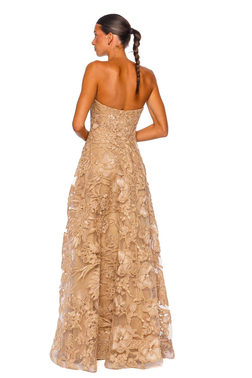 Naeem Khan Floral Raffia Beige Gold Strapless Gown