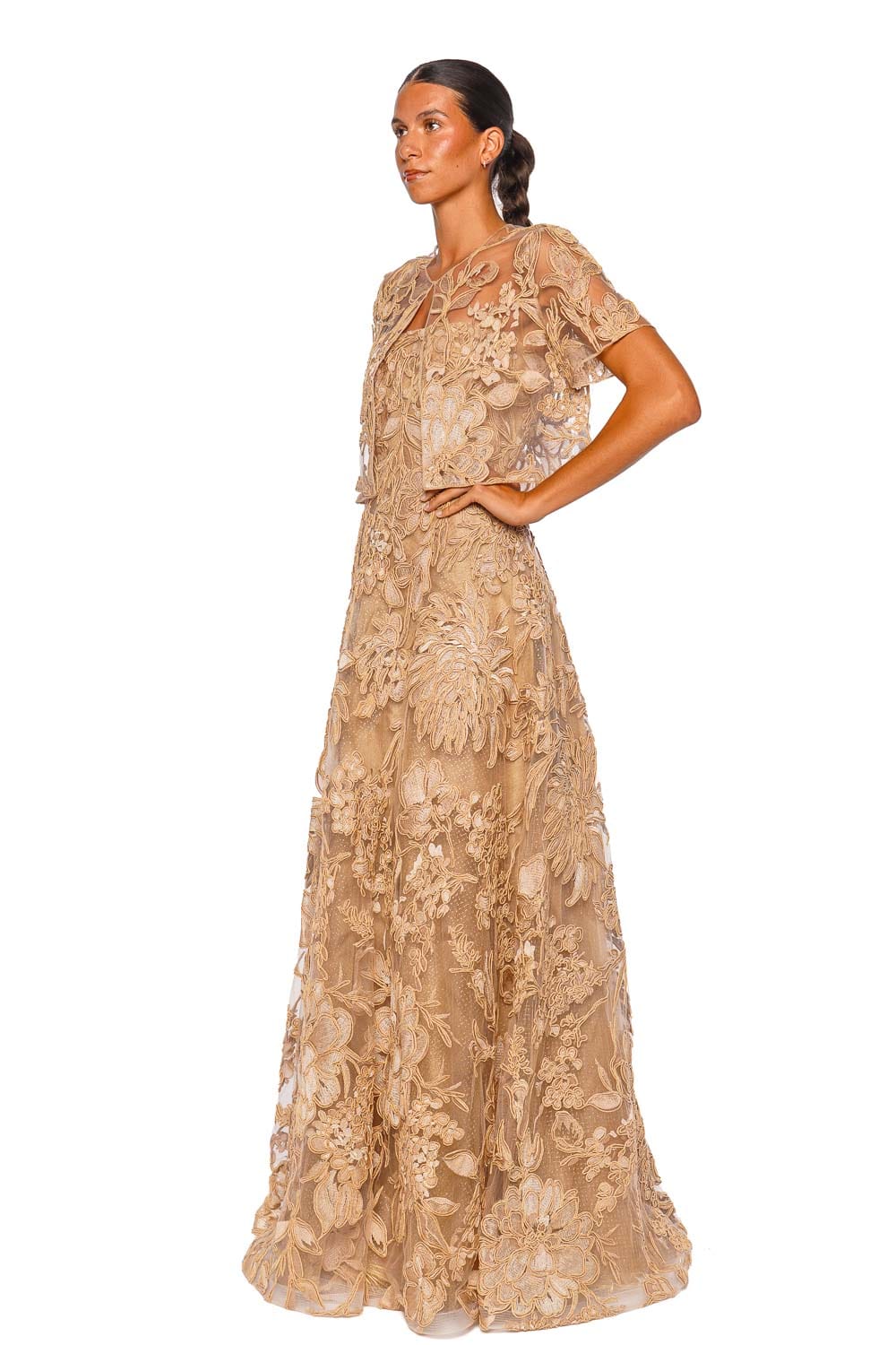 Naeem Khan Floral Raffia Beige Gold Short Sleeve Bolero