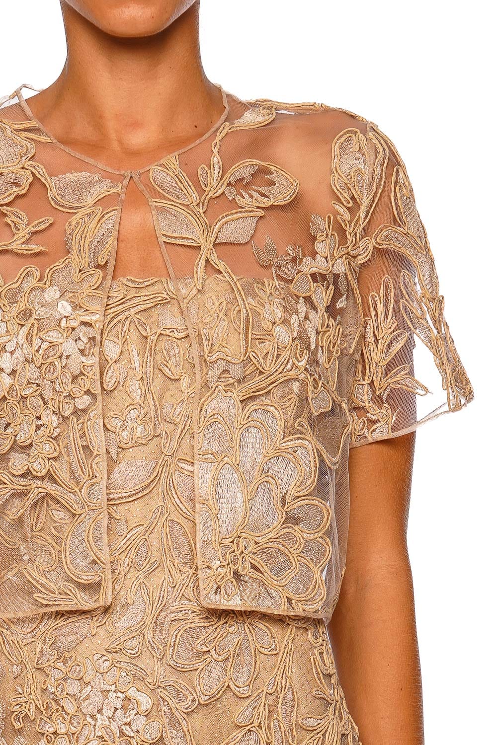 Naeem Khan Floral Raffia Beige Gold Short Sleeve Bolero
