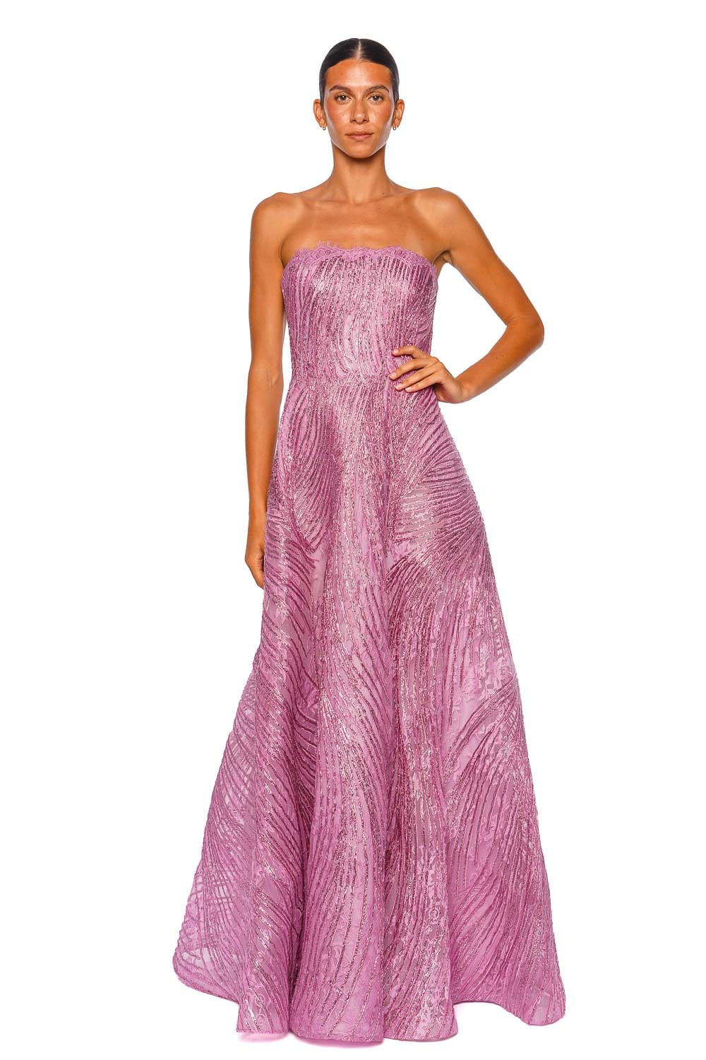 Naeem Khan Metallic Raffia Lace Pink Strapless Gown