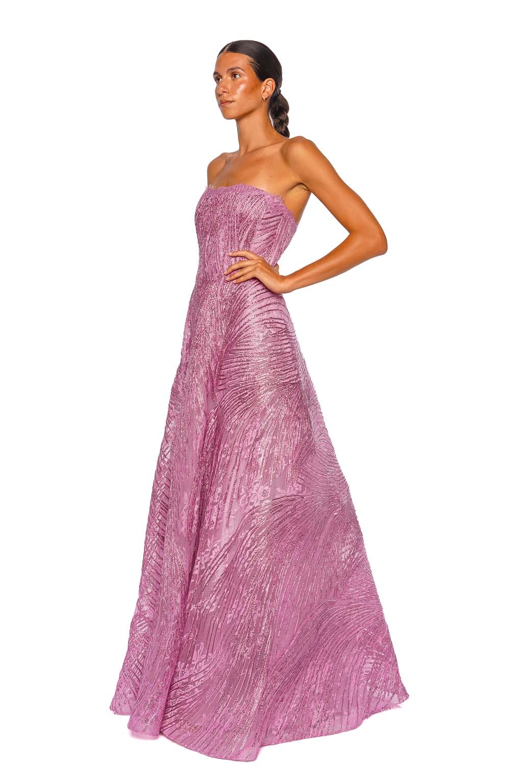 Naeem Khan Metallic Raffia Lace Pink Strapless Gown