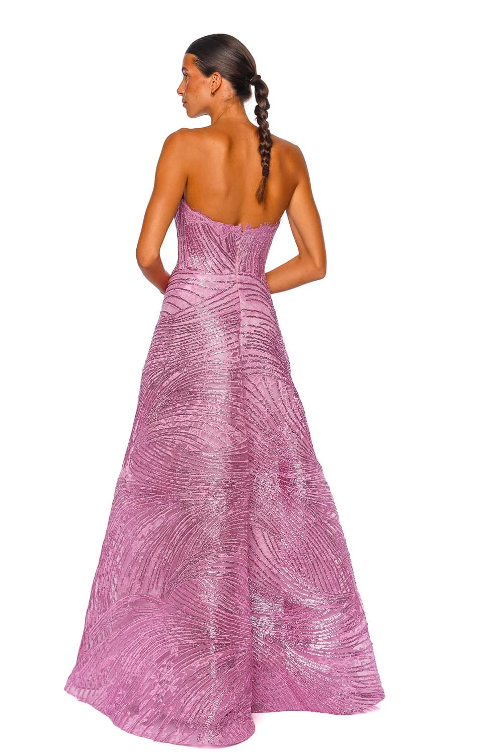 Naeem Khan Metallic Raffia Lace Pink Strapless Gown
