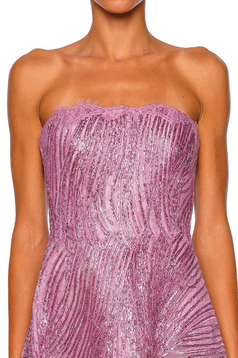 Naeem Khan Metallic Raffia Lace Pink Strapless Gown