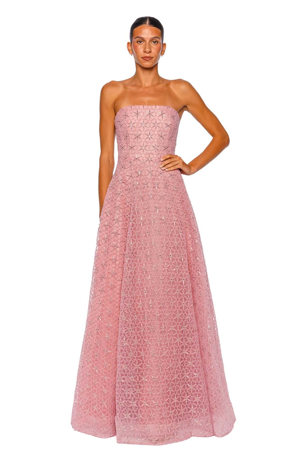 Naeem Khan Floral Cording Pink Strapless Gown