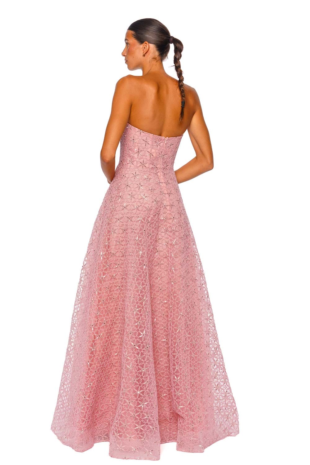 Naeem Khan Floral Cording Pink Strapless Gown
