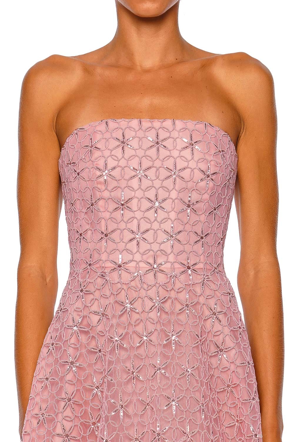 Naeem Khan Floral Cording Pink Strapless Gown