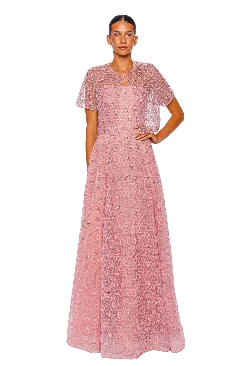 Naeem Khan Floral Cording Pink Short Sleeve Bolero