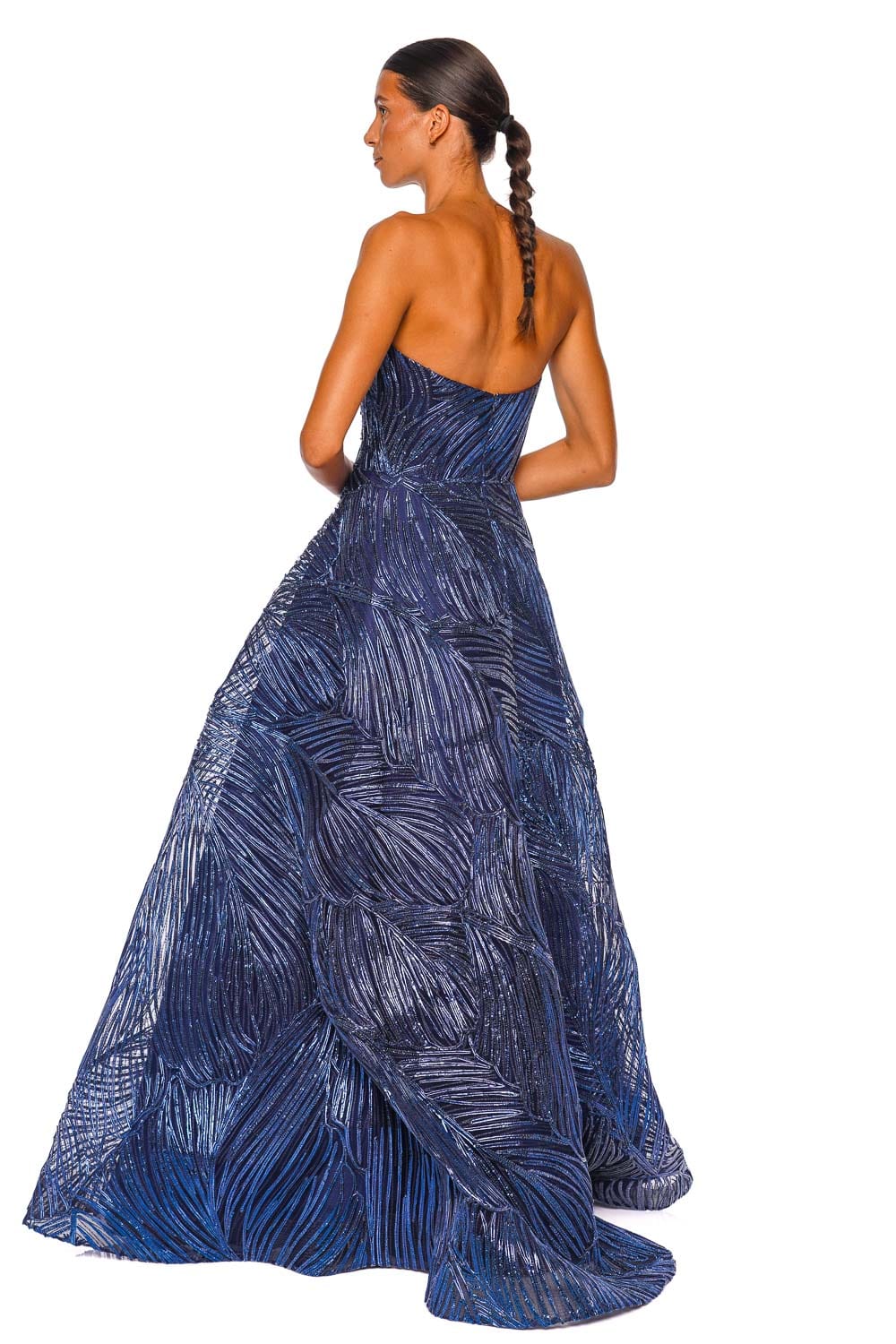 Naeem Khan Metallic Raffia Navy Strapless Ball Gown