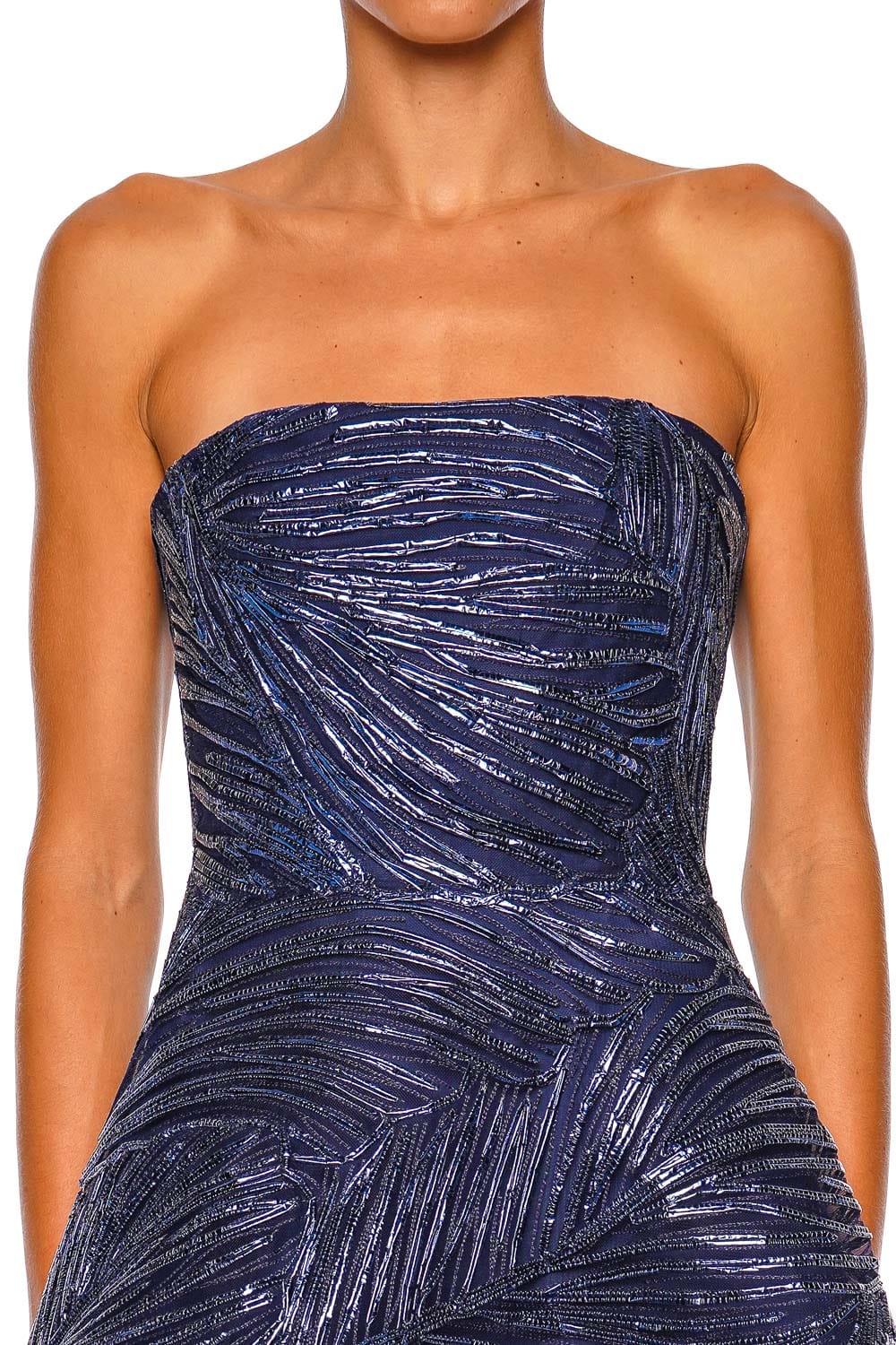 Naeem Khan Metallic Raffia Navy Strapless Ball Gown